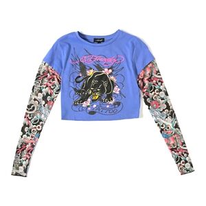 Ed Hardy Pink and Purple Graphic Long Sleeve Crop Top